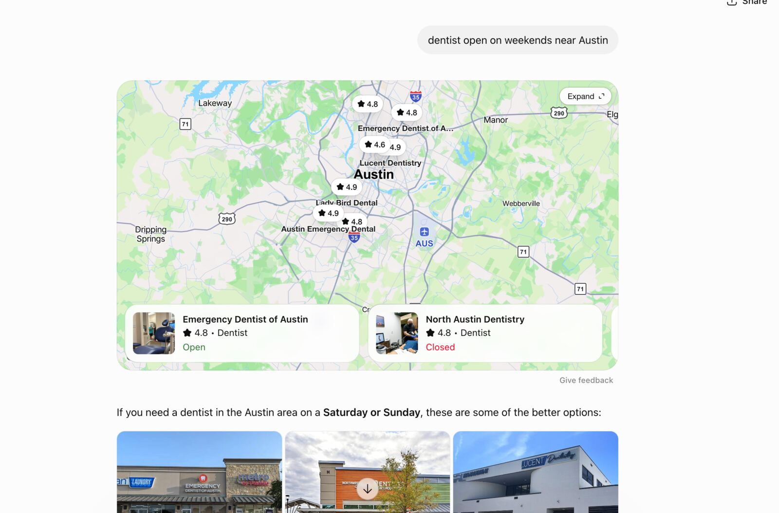 ChatGPT response to 'best emergency dentist in Austin Texas' query showing map interface and business cards