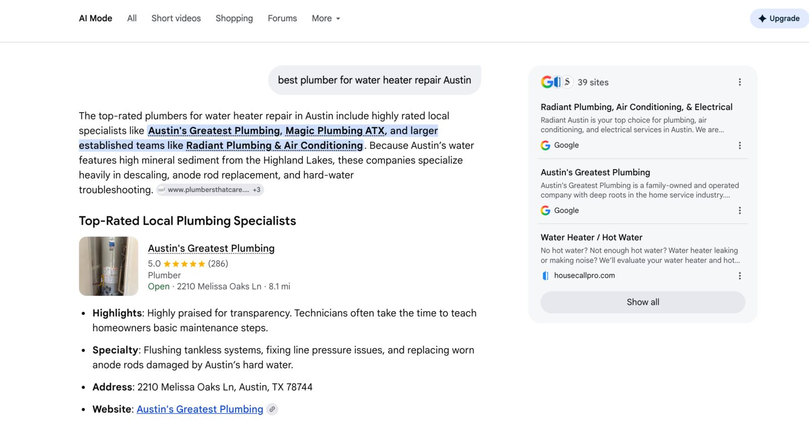 Google AI Mode interface showing AI Overview answer with business recommendations