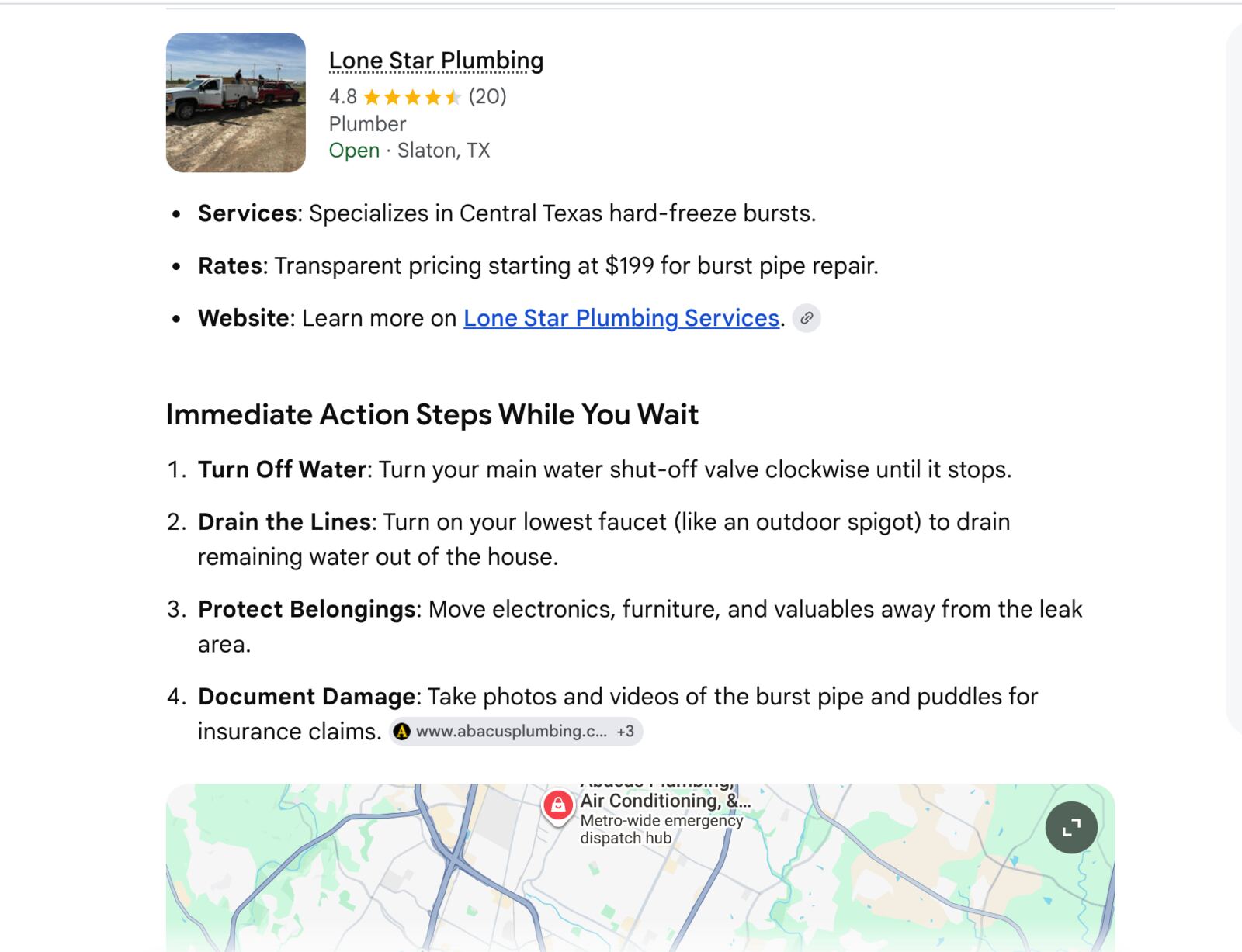 Google AI Mode showing Lone Star Plumbing recommendation with Slaton TX location displayed