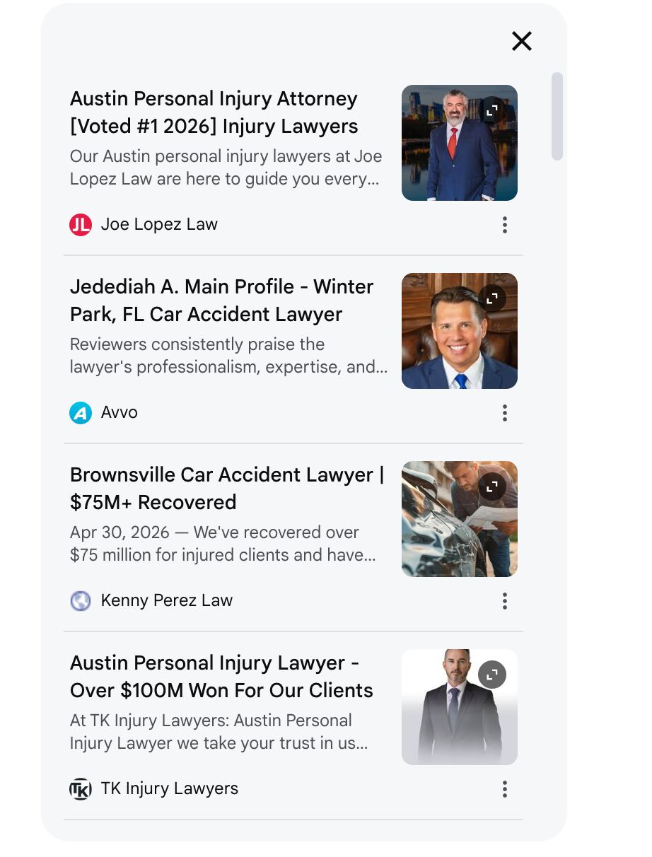 Google AI Mode sources showing competing law firms cited to support one firm's recommendation