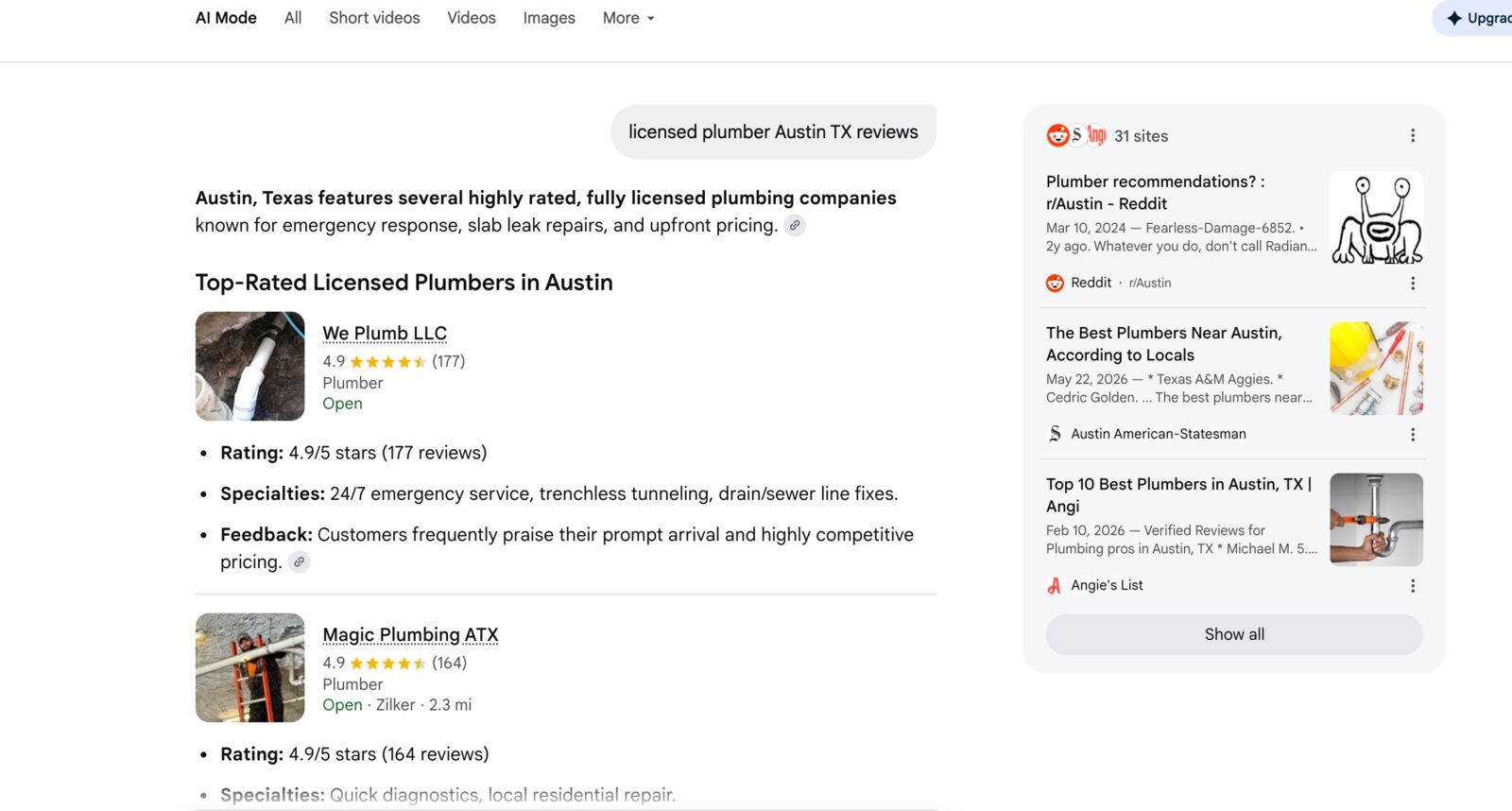 Google sources panel showing negative Reddit warning about Radiant Plumbing
