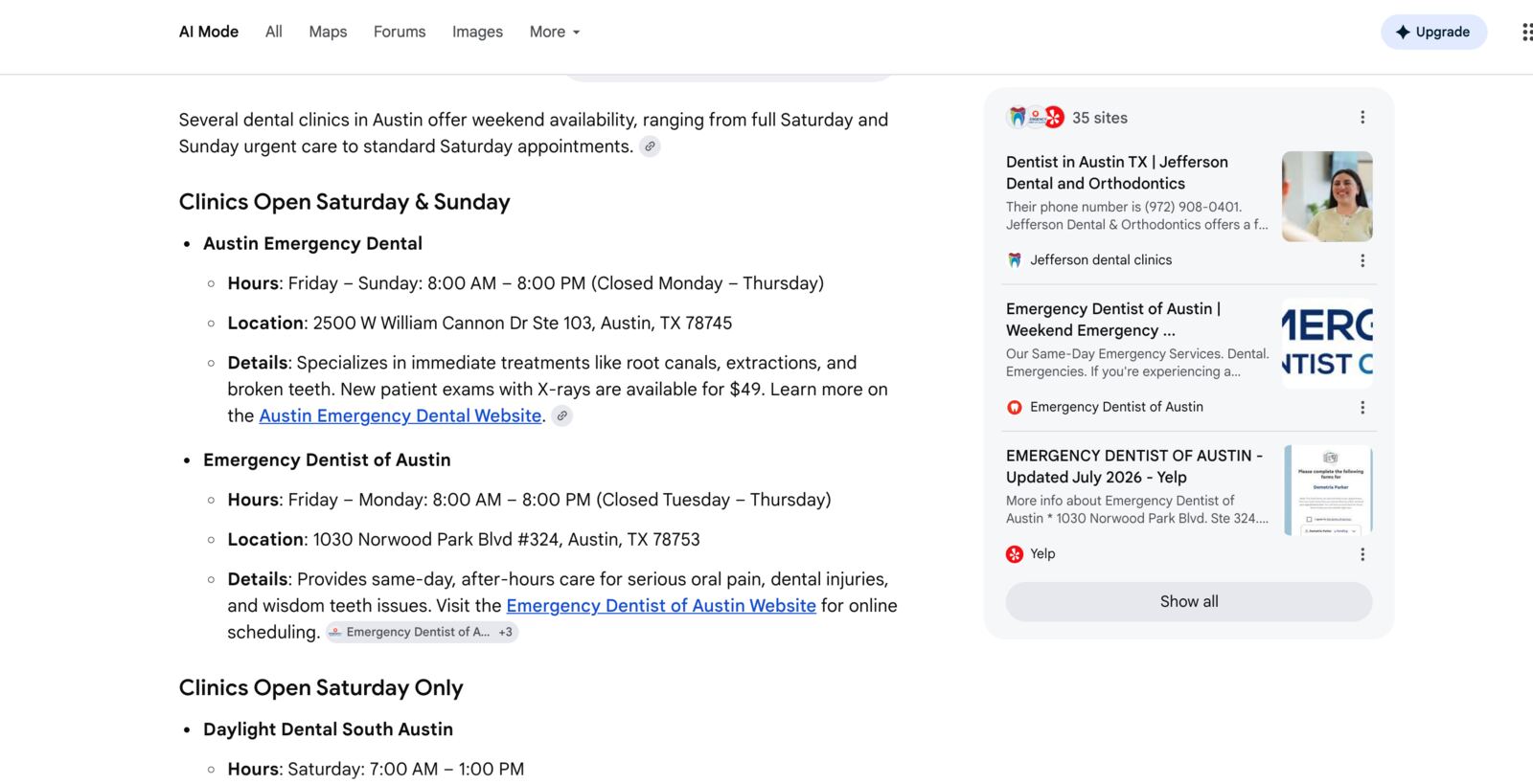 ChatGPT and Google both recommending overlapping dentists for weekend-hours query