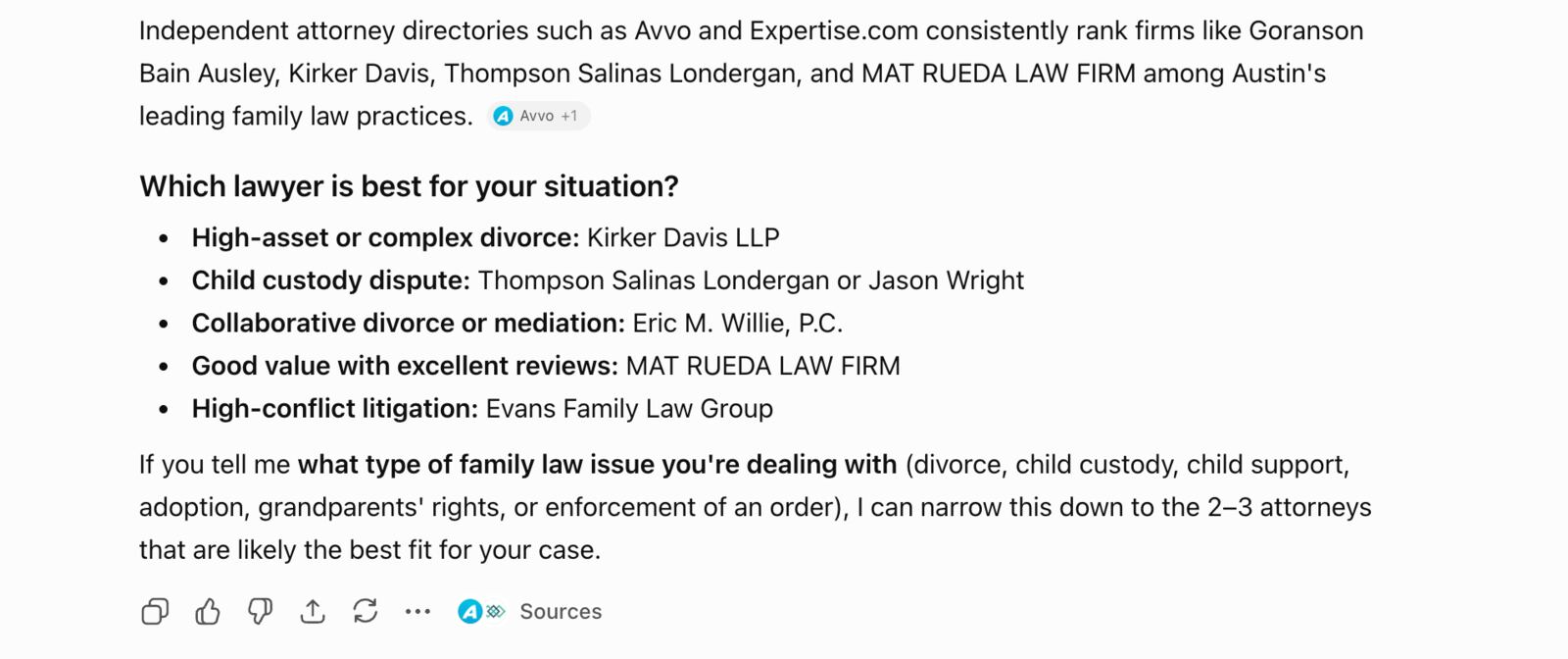 ChatGPT's decision matrix for family lawyer recommendations