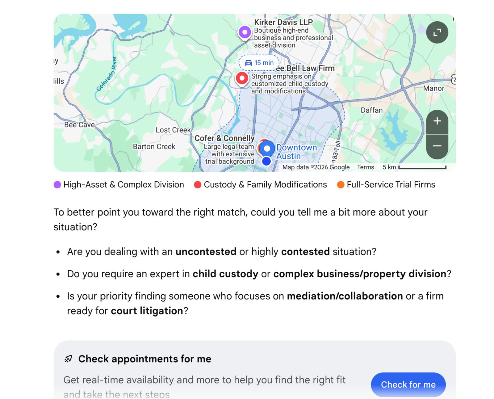 Google's color-coded map categories for family lawyers