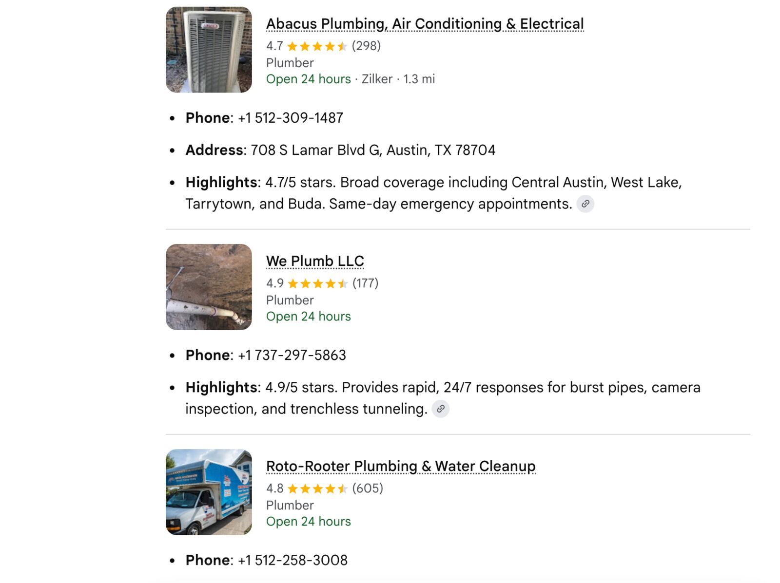 Roto-Rooter appearing as top recommendation across multiple plumbing queries