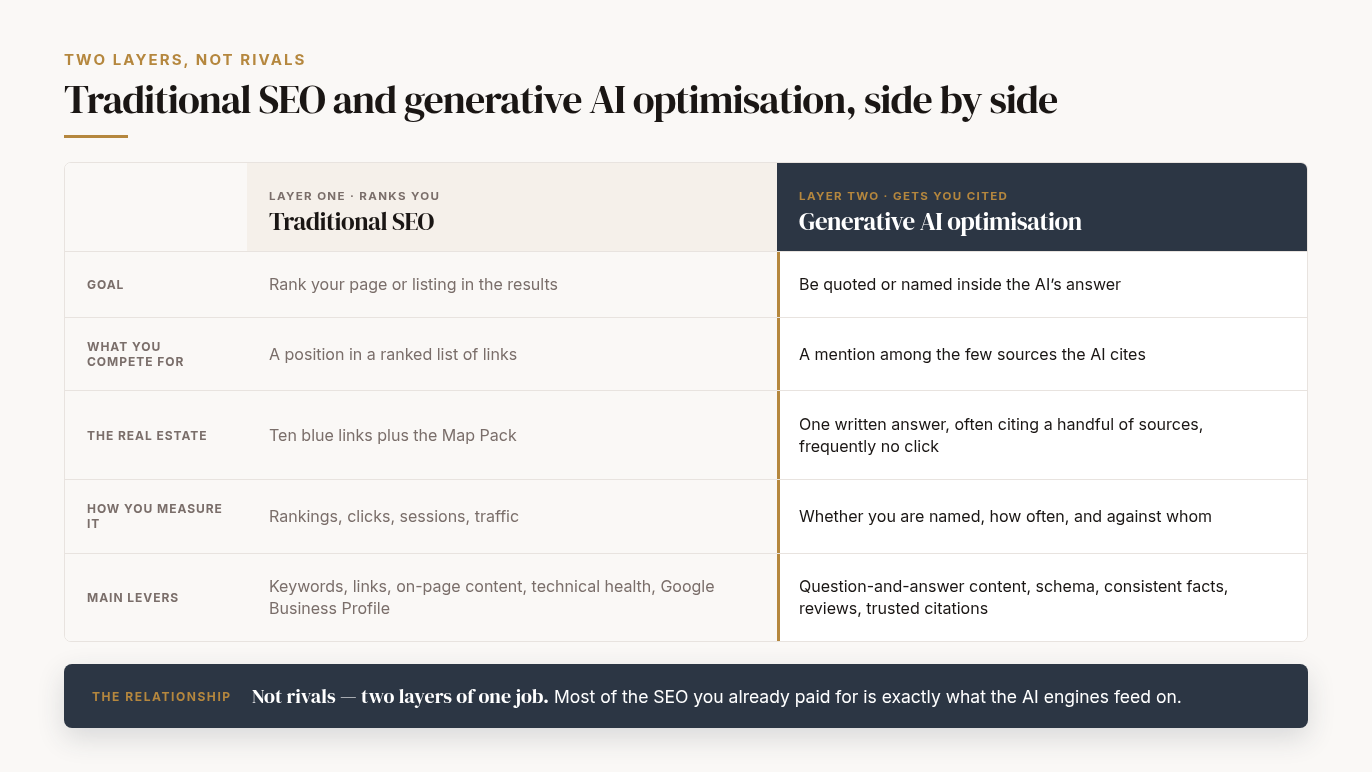 Two-column diagram comparing traditional SEO and generative AI optimisation across goal, competition, real estate, measurement and levers.
