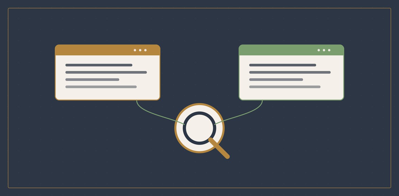 Two textless AI answer panels connected to a QBiz magnifier, representing the different source paths behind AI recommendations.