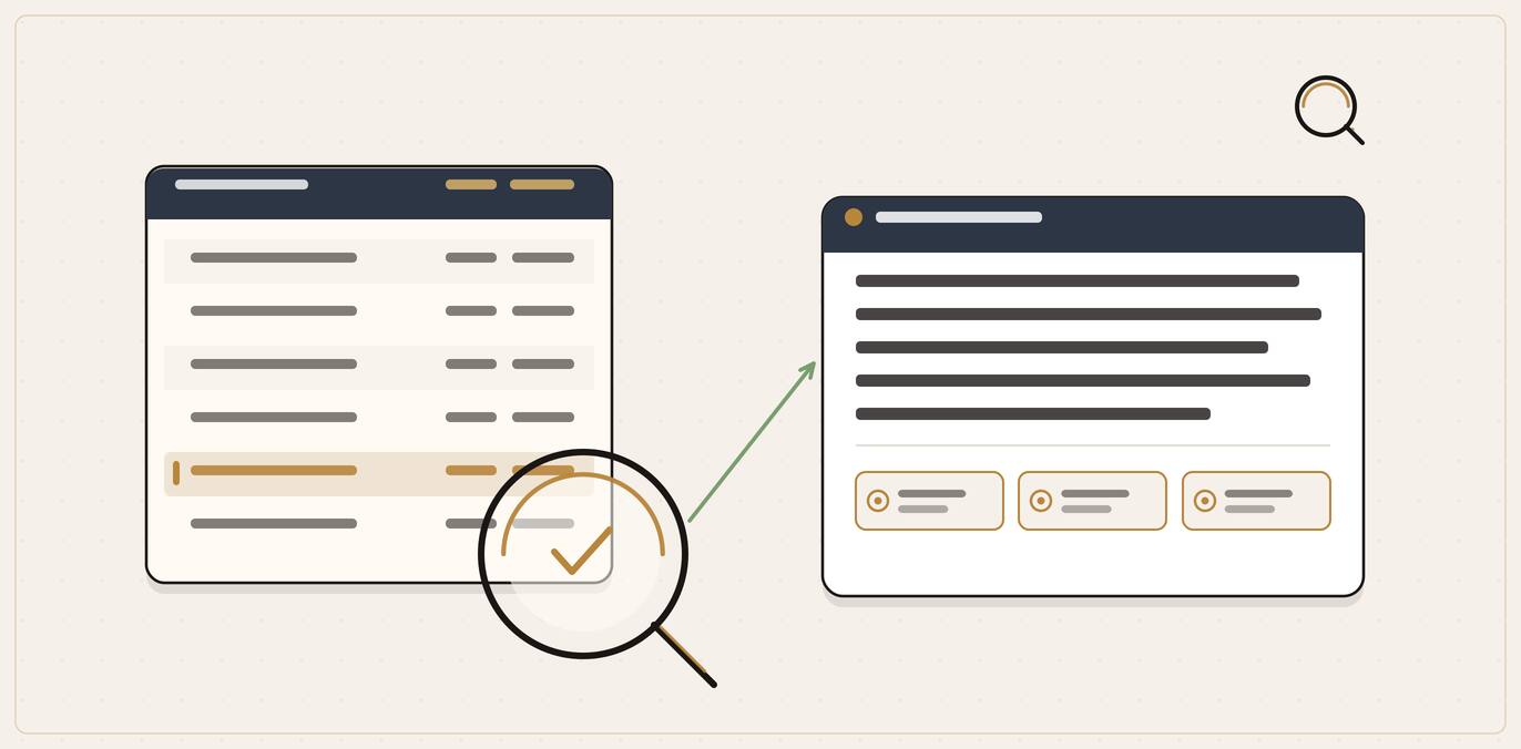 Illustration of an accounting ledger being checked by a magnifier and producing a sourced AI answer that names a recommended accountant.