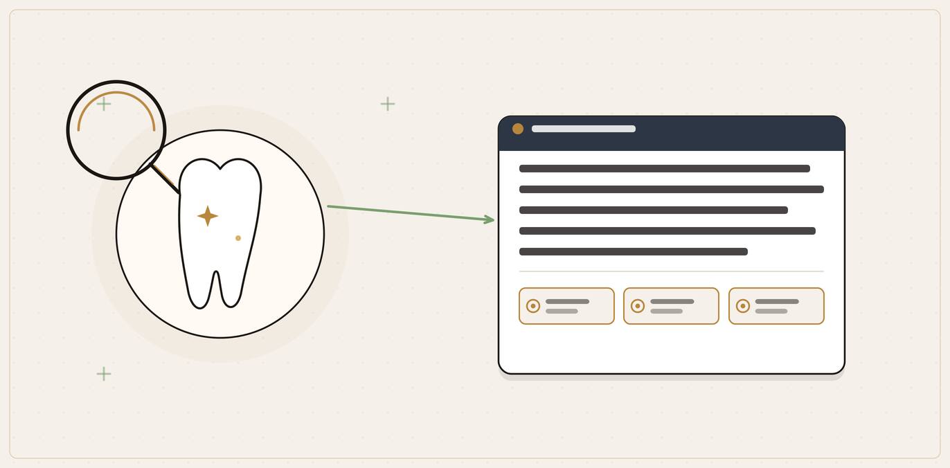 Illustration of a tooth examined inside a lens and named in a cited AI answer card with gold citation chips.