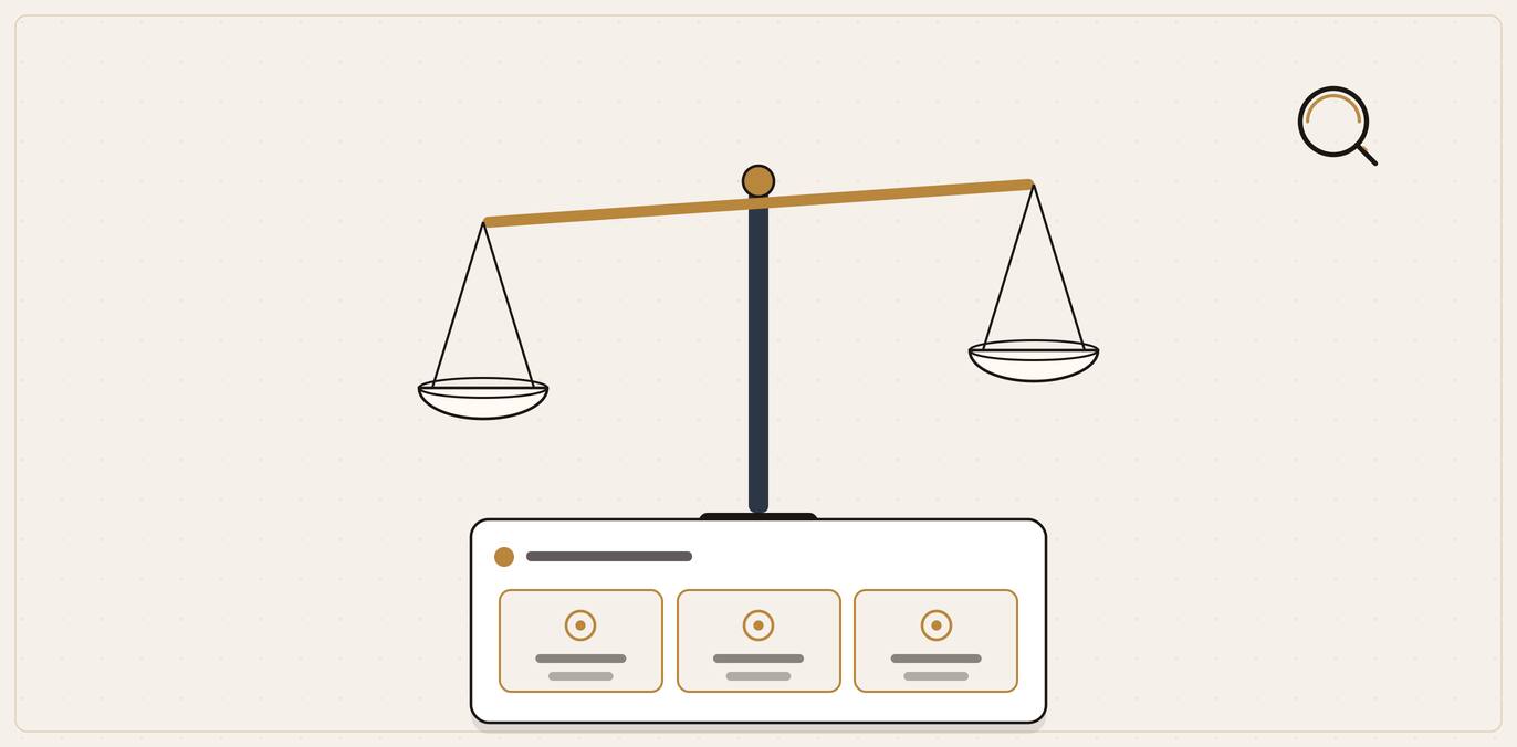 Illustration of golden balance scales above a cited answer card, showing a law firm being named with source citations.