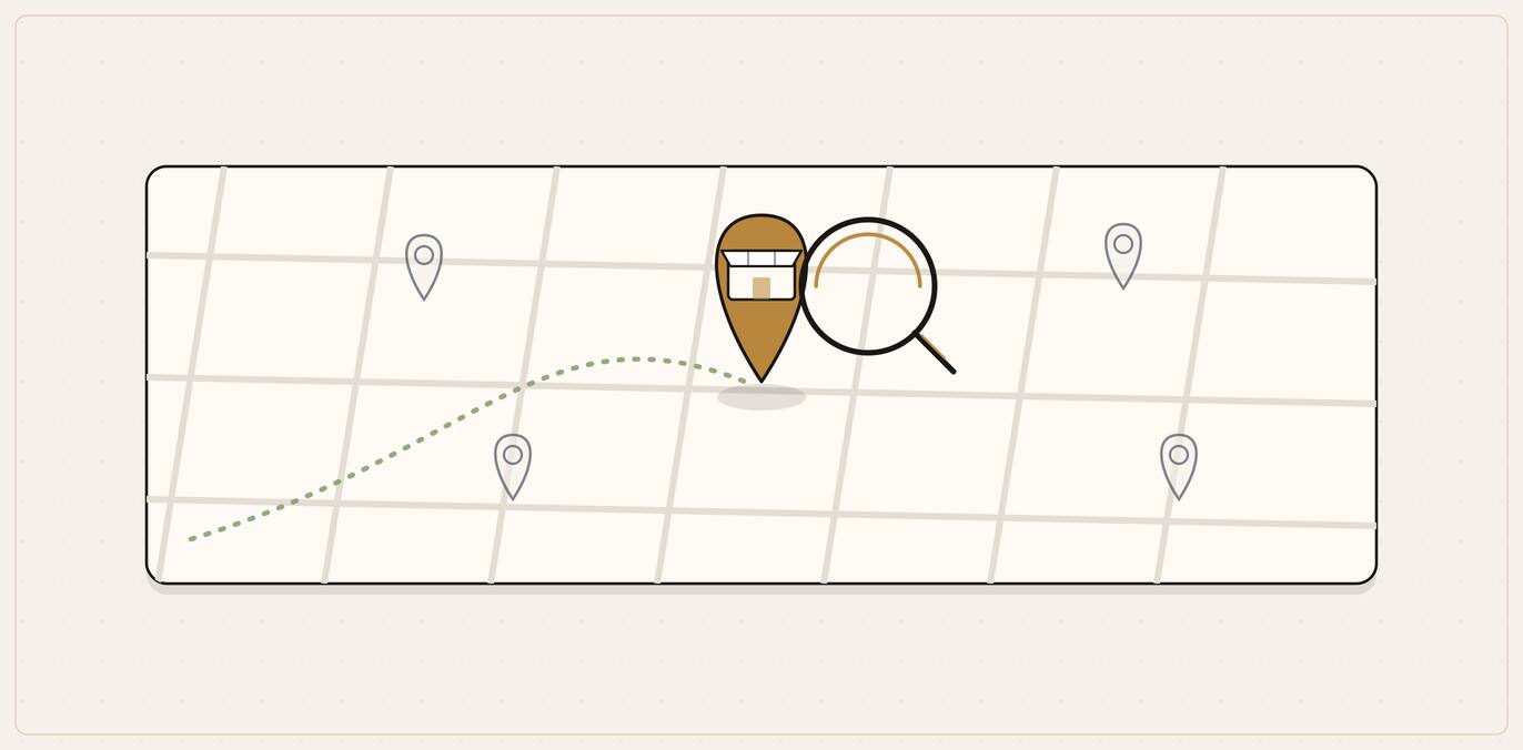 Illustration of a map with a gold storefront pin at the center, marking a local business chosen by an AI answer.