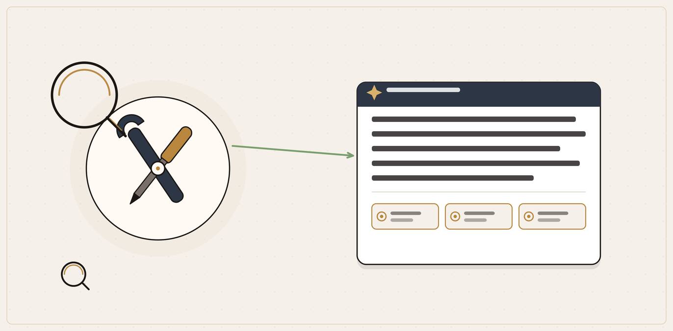 Illustration of crossed wrench and screwdriver inside a lens feeding a cited AI answer that recommends a tradesperson.