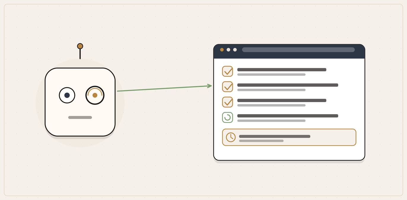 Illustration of an AI agent reading a website and completing a checklist of tasks, ending with a held booking slot.