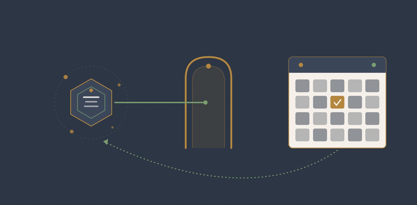 An abstract AI agent glyph reaching through a gold gateway into a bookable calendar slab, with a sage arrow completing a booking loop back to the agent.