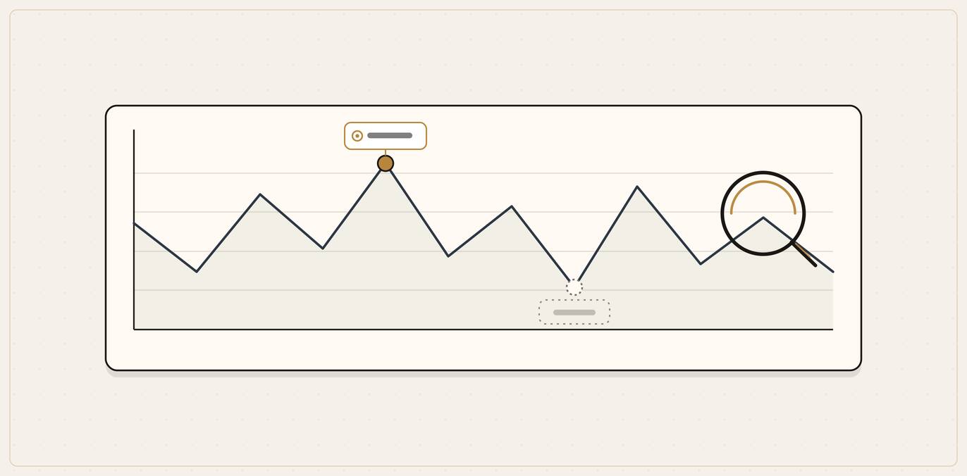 Illustration of a fluctuating line chart where a business is named at one peak and absent at a later dip.