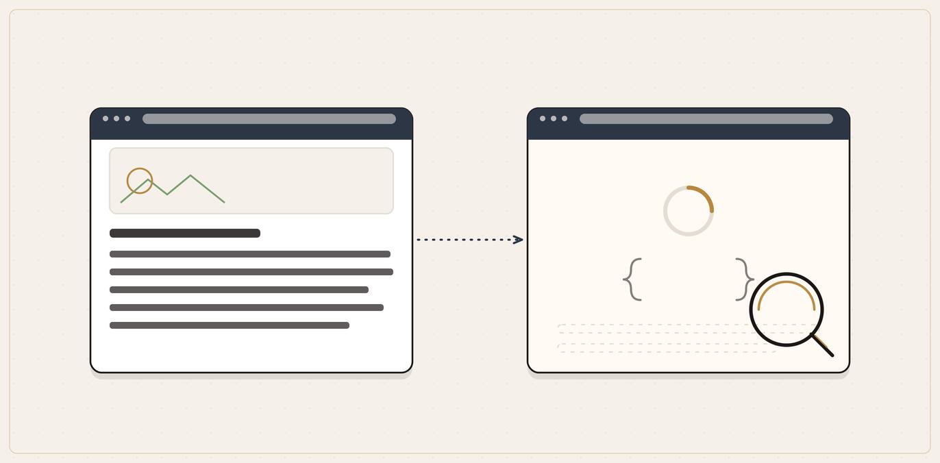 Illustration comparing a fully rendered web page with the near empty version an AI crawler sees when JavaScript fails to load.