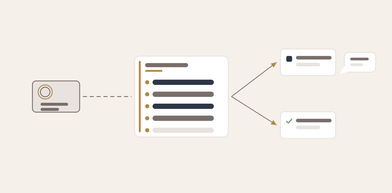 Flat illustration of a greyed card linked by a dashed line to a taller panel of listed rows, with two solid arrows branching right toward smaller panels and a speech bubble.