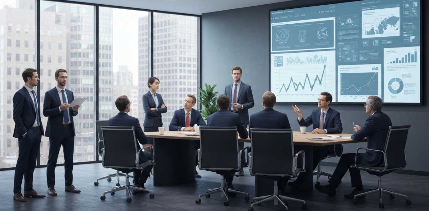 Law firm team reviewing AI search and traffic analytics in a conference room