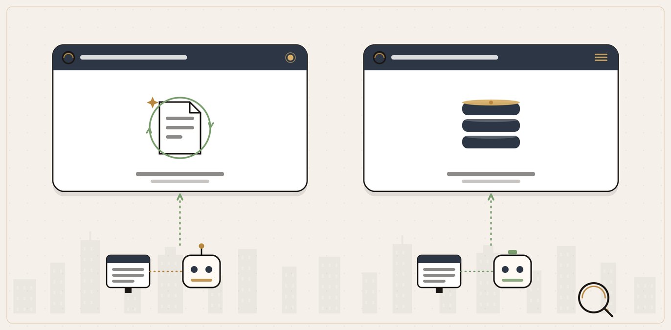 Two AI answer panels side by side: one fetching a live web page at the moment of the question, the other pulling an answer from a stored memory bank, each connected to a different crawler bot reading a website.