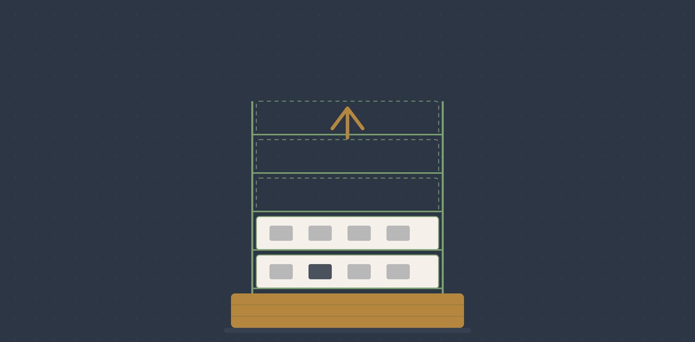 A single gold foundation block at the base with an empty scaffold of sage tiers rising above it, most of the upper tiers still unfilled, showing a brand-new business building its AI-visibility stack from the ground up.