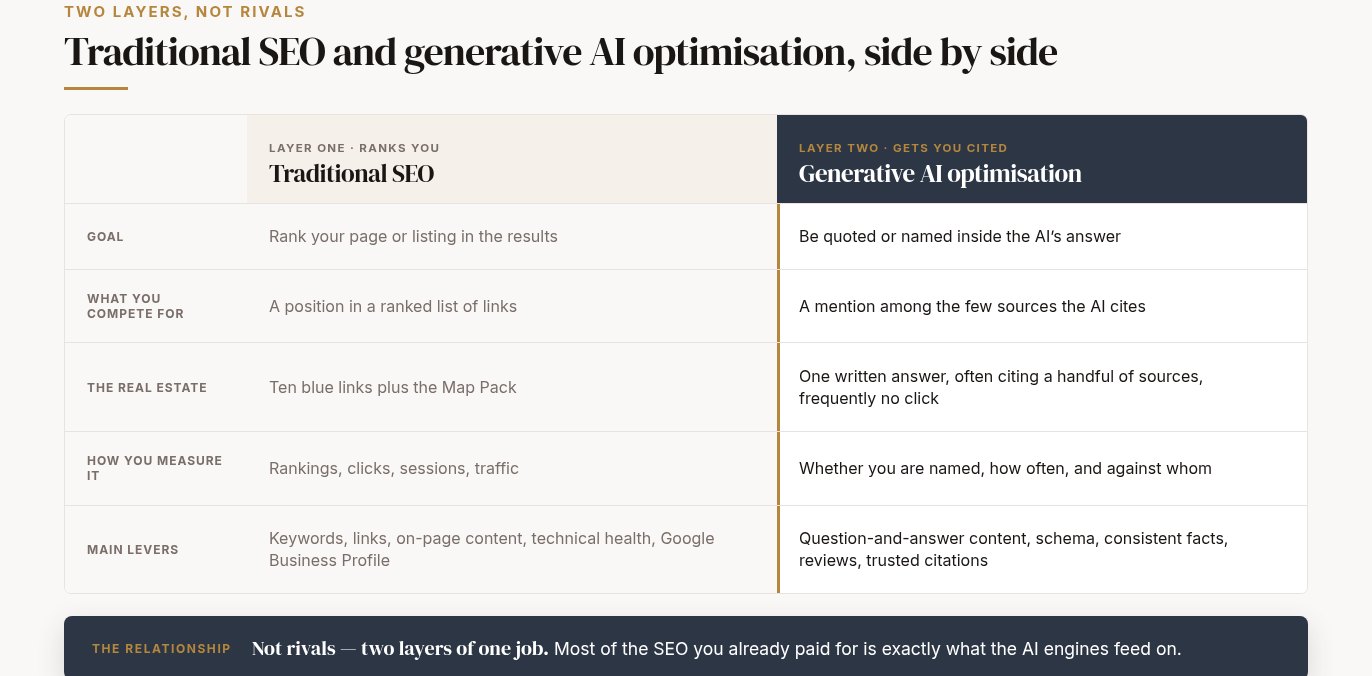 A two-layer diagram setting traditional dental SEO, which earns rankings, beside generative AI optimisation, which earns a named mention inside an AI answer.