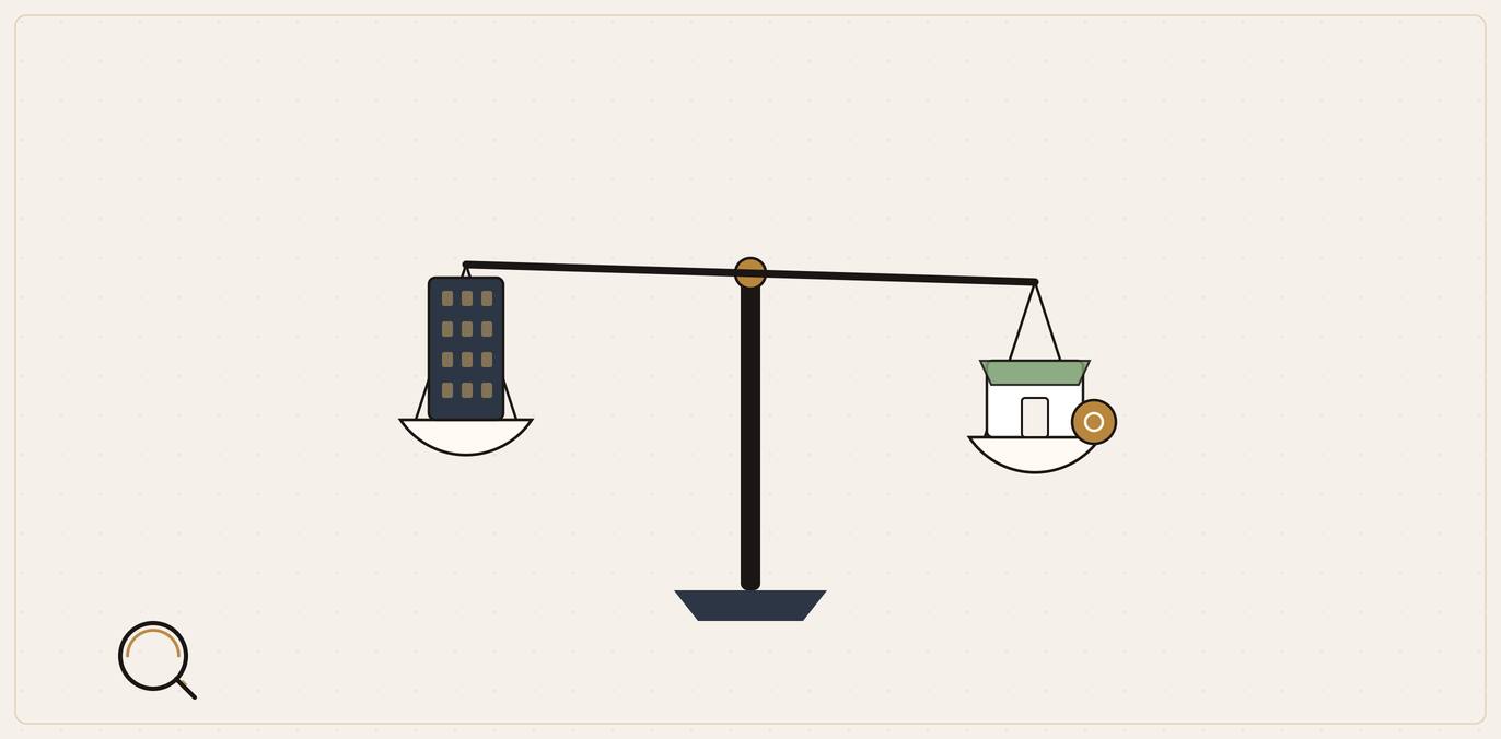 Illustration of a balance scale weighing a large corporate tower against a small local shop kept level by a gold relevance weight.