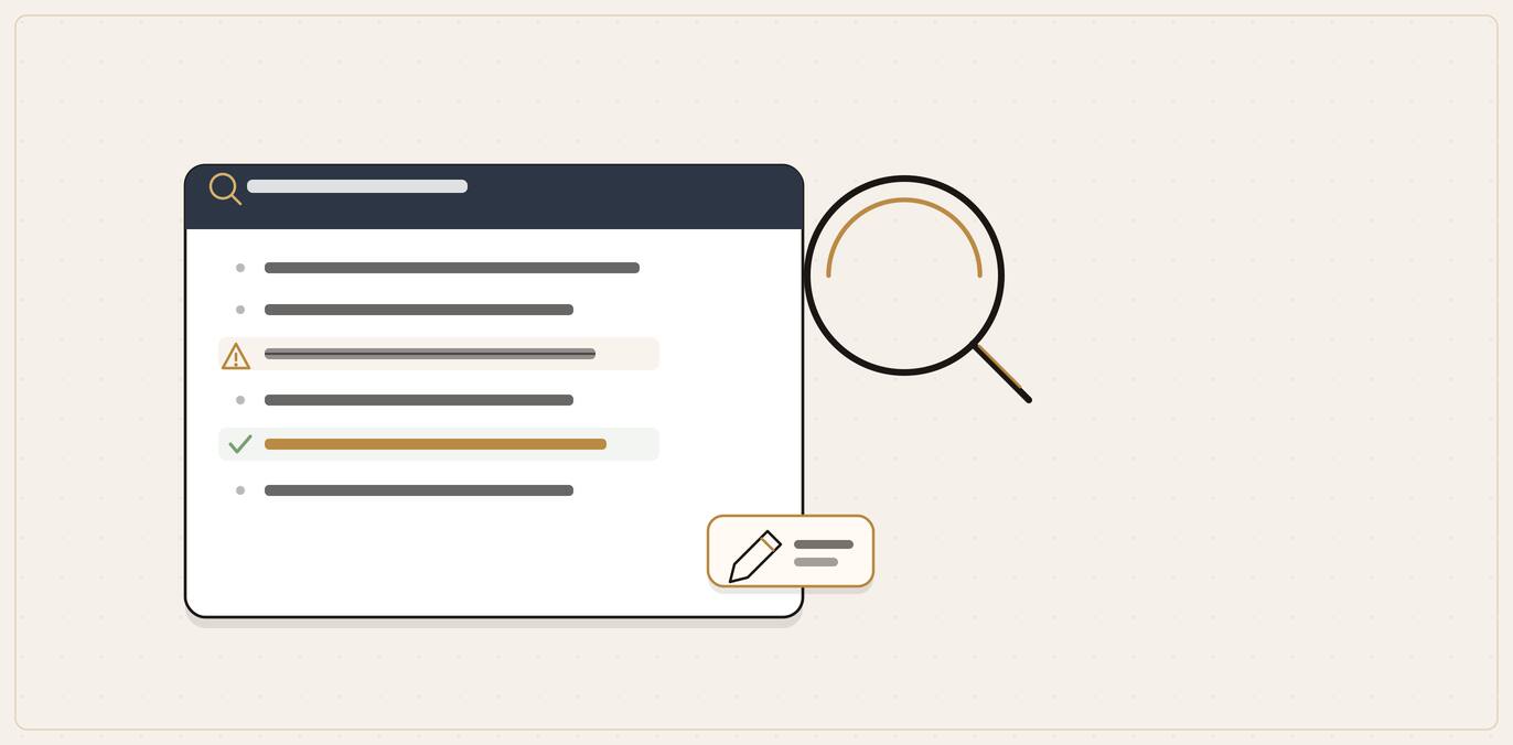 Illustration of a business profile card with one incorrect fact flagged and a corrected line added by an edit chip.