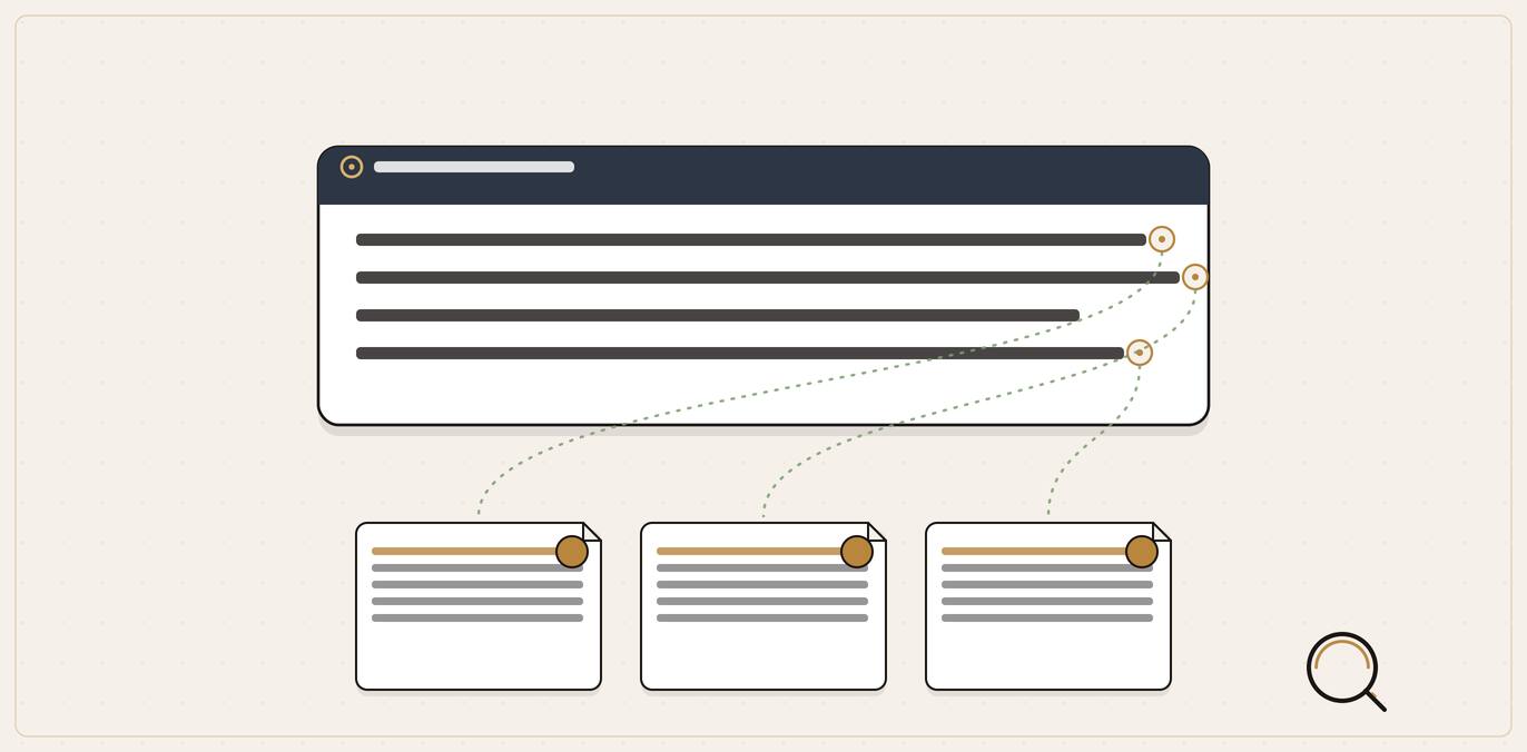 Illustration of an AI answer with numbered footnotes connecting down to three source documents that earned the citation.