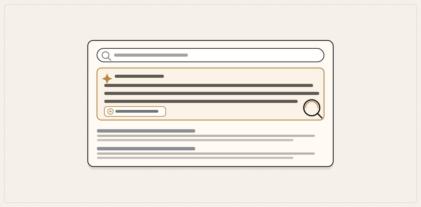 Illustration of a search results page with a highlighted AI overview panel citing a recommended business above the classic links.