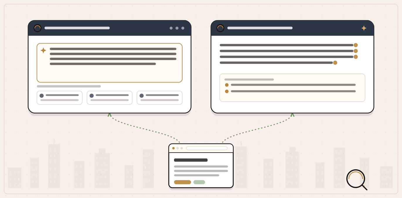 A single website feeding two different answer panels side by side: a Google AI Overview with supporting links and a ChatGPT Search reply with inline citations and a sources list.