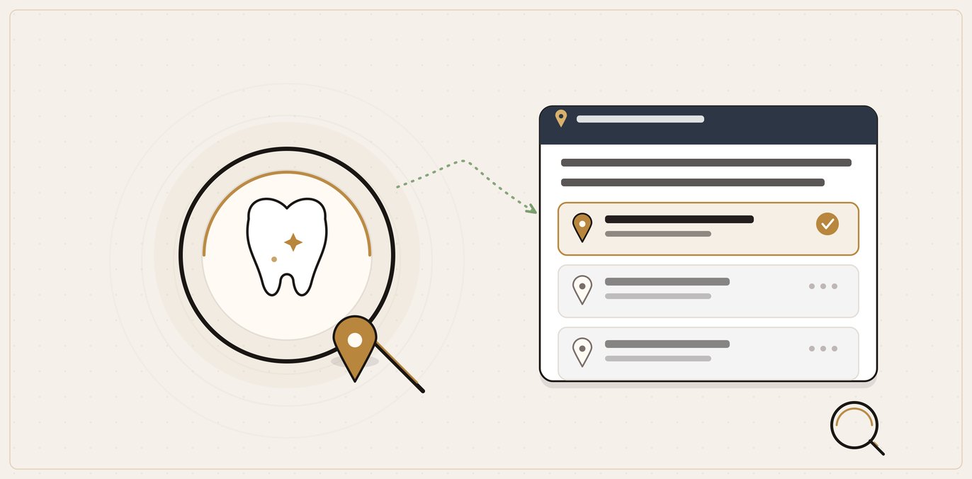 An AI assistant weighing a dental practice's location, reviews and listings before naming it in a near-me recommendation.