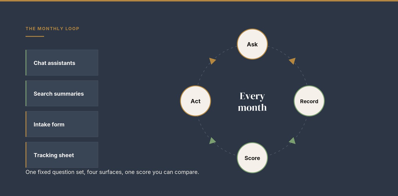 A monthly monitoring loop on a dark slate panel, with four cream nodes reading ask, record, score and act arranged in a circle, beside four tiles for chat assistants, search summaries, the intake form and the tracking sheet.
