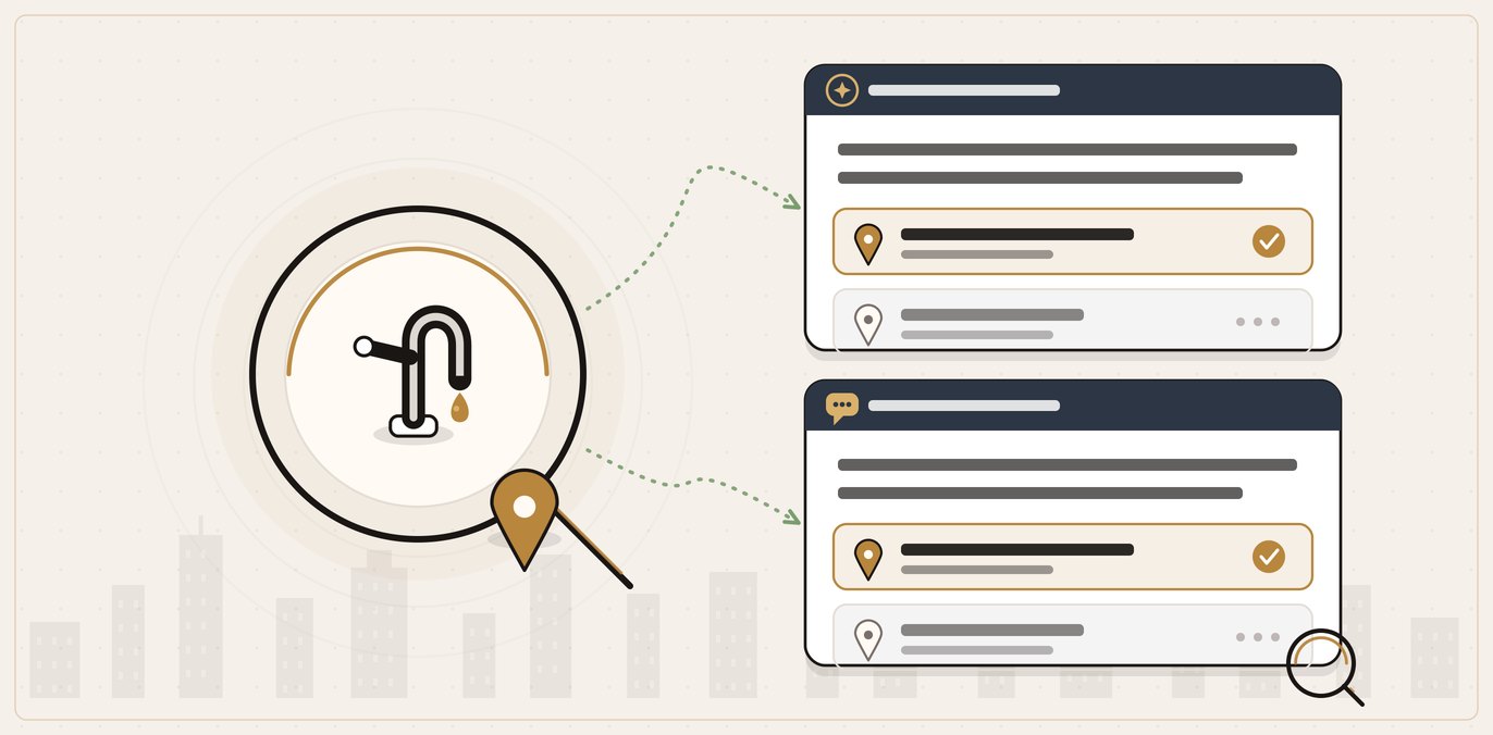 A Los Angeles plumber inside a search lens feeding a Google AI Overview card and a ChatGPT answer that both name a licensed local plumbing company, with the LA skyline behind.