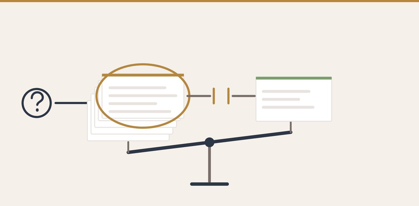 Illustration of a heavy stack of older paper records outweighing a single newer sheet on a tilted balance, with the link between them broken.