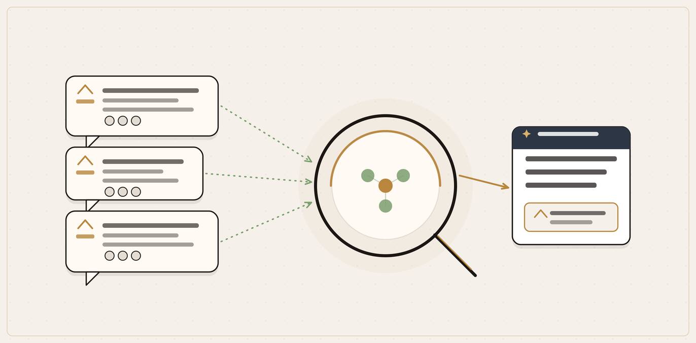 Illustration of community discussion threads with upvotes feeding an answer engine as the most cited source behind the reply.