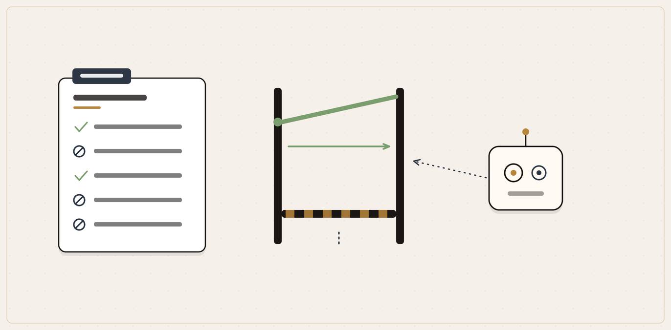 Illustration of a rules document setting one open lane and one blocked lane as an AI crawler bot approaches a gate.