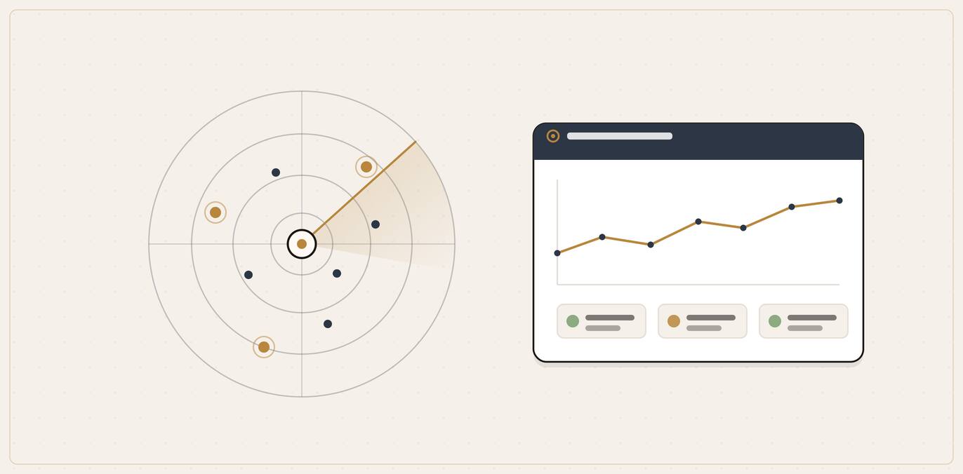 Illustration of a radar sweep over business mention pings beside a monitoring dashboard with a trend line and result chips.