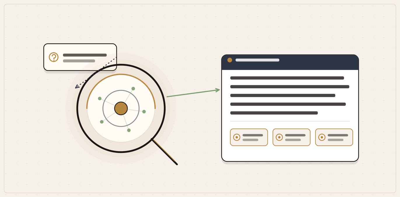 Illustration of a search query entering an answer engine and returning a sourced answer with gold citation links.