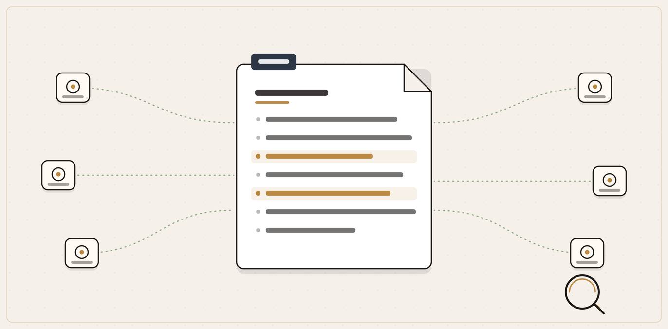 Illustration of a structured plain-text file with curated highlighted lines being read by AI systems on both sides.