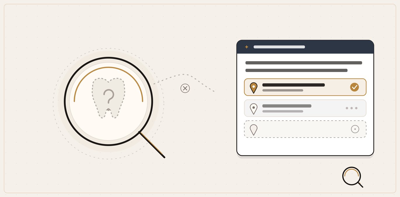 A faint, unverified dental practice inside the QBiz Leads AI lens with a broken link to a ChatGPT answer that names two other practices and leaves an empty slot.