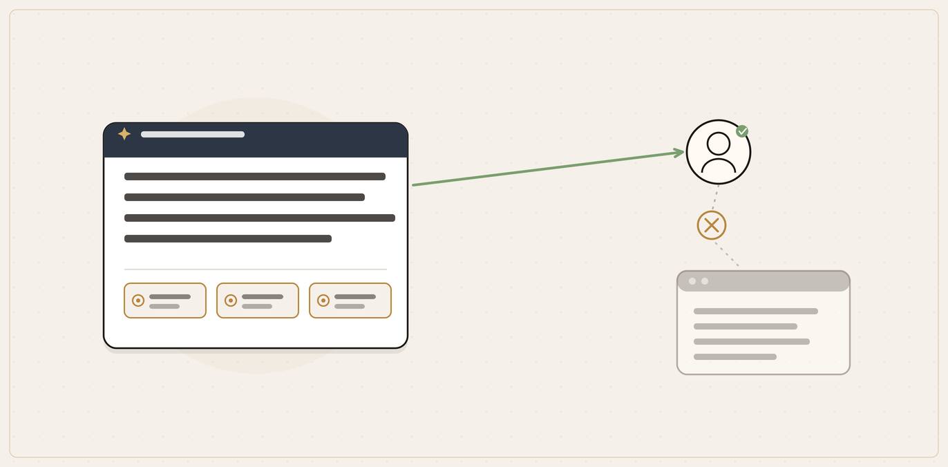 Illustration of an AI answer delivered straight to a person while the onward click to the business website is severed.