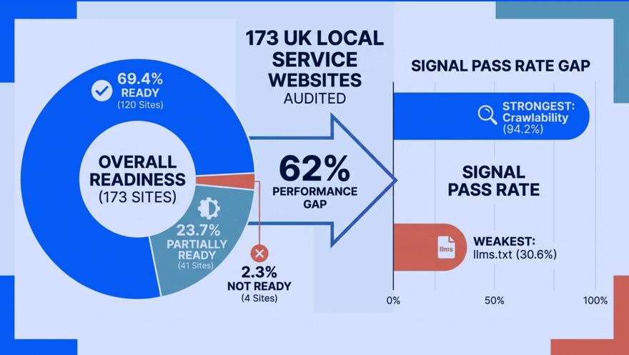 Audit results from 173 UK local service websites. A doughnut chart shows overall readiness: 69.4% Ready (120 sites), 23.7% Partially Ready (41 sites) and 2.3% Not Ready (4 sites). A bar chart of the signal pass rate gap shows crawlability strongest at 94.2% and llms.txt weakest at 30.6%. A central arrow labels the 62 percentage point spread between those two as the performance gap.
