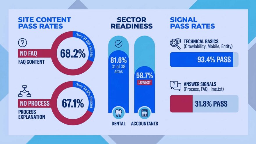 Three panels of audit findings. Site content pass rates: 68.2% of sites had no FAQ content and 67.1% gave no process explanation. Sector readiness: dental practices highest at 81.6% Ready (31 of 38 sites), accountants lowest at 58.7%. Signal pass rates, shown as group averages: technical basics such as crawlability, mobile and entity consistency average 93.4%, while answer signals such as process, FAQ and llms.txt average 31.8%.